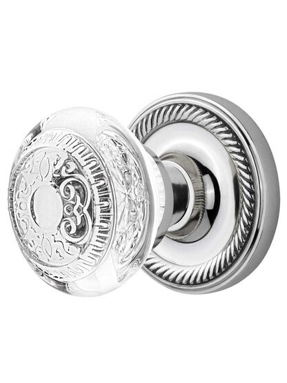 Rope Rosette Door Set with Egg and Dart Crystal-Glass Knobs in Polished Chrome.